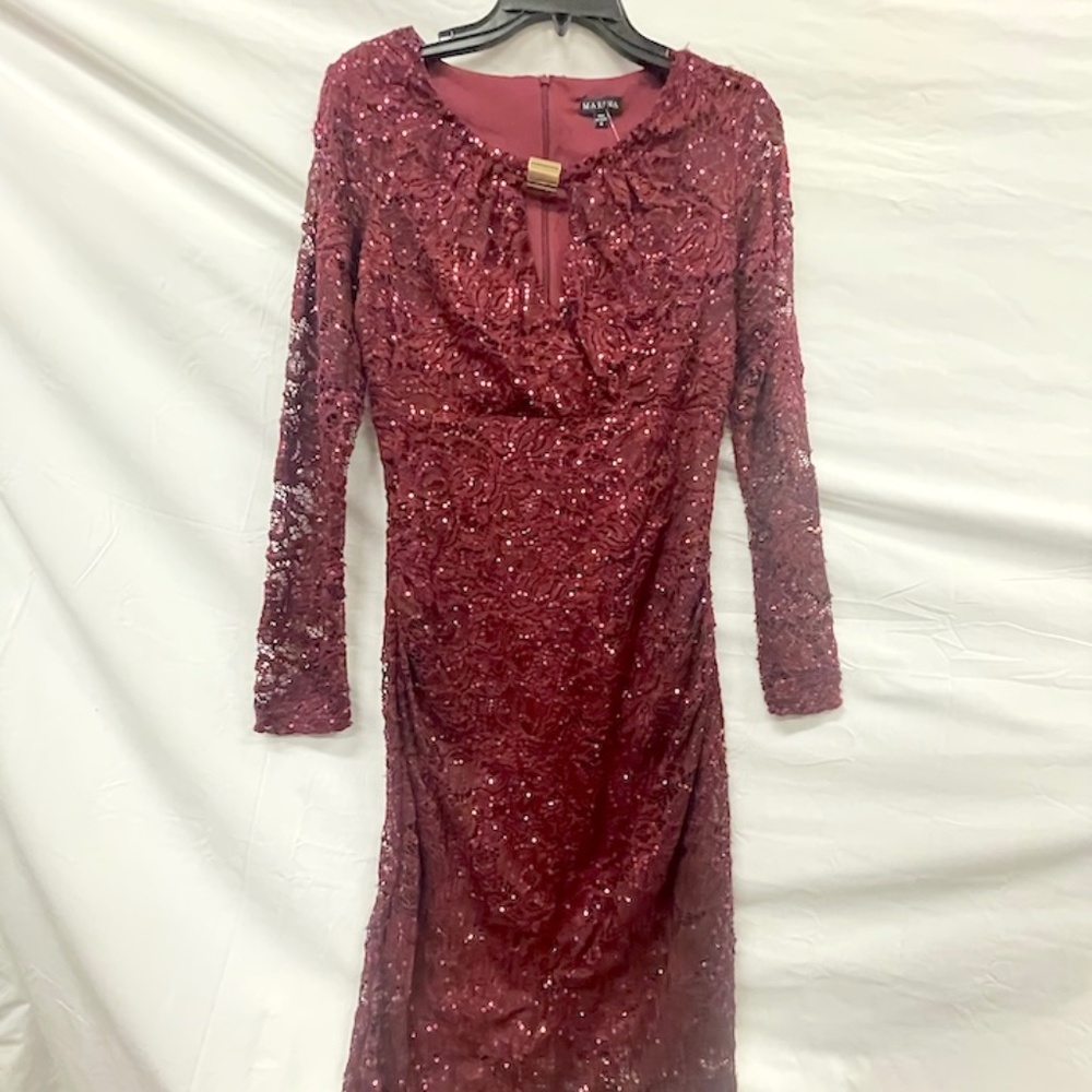 MARINA Burgundy Long Sleeve Lace Sequin‎ Party Dress 6 NWT